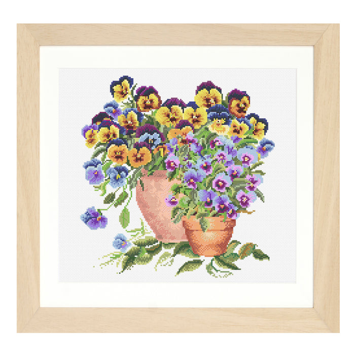 Borduurpakket viooltjes in een pot 30 x 30 cm - aida of linnen