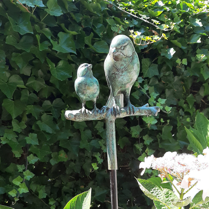 Bronze sparrow and blackbird with garden stake - green patina